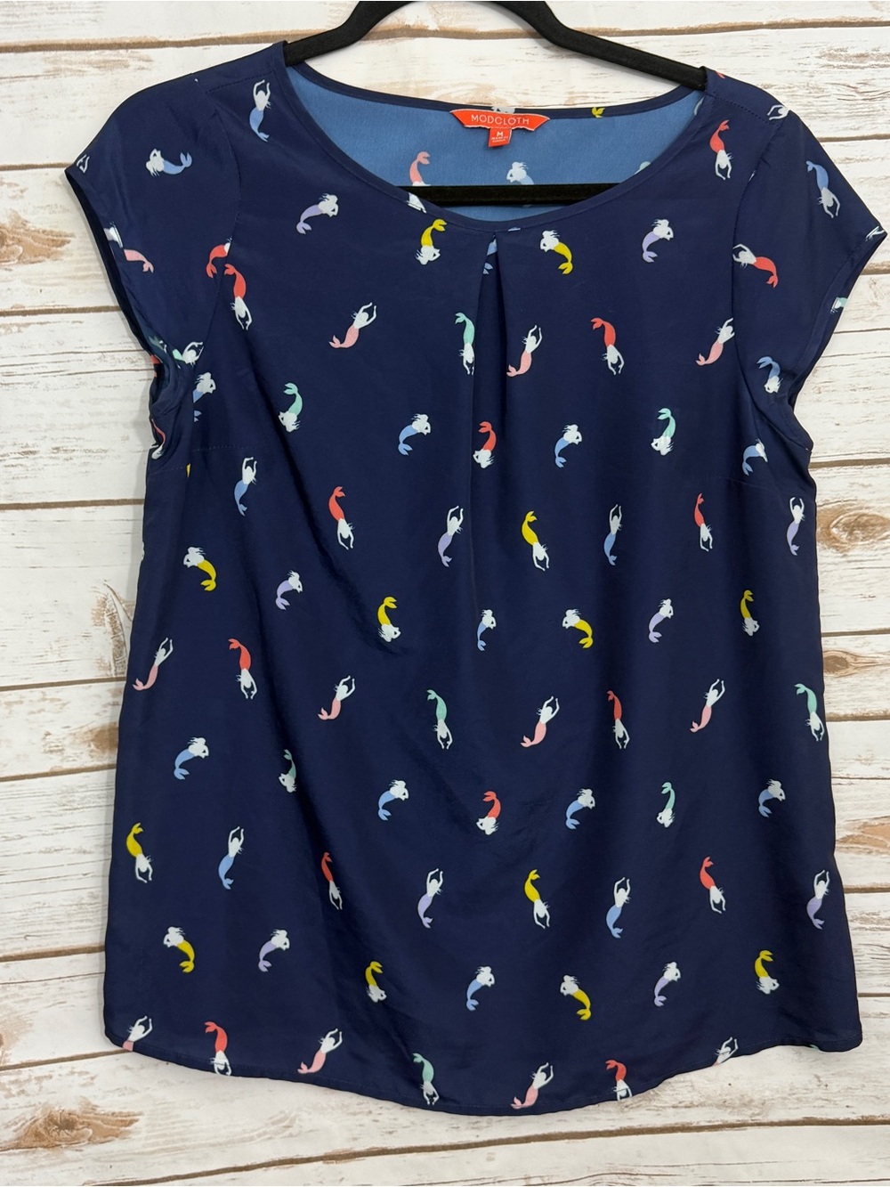 ModCloth Navy Blue Mermaid Novelty Print Cap Sleeve Blouse M